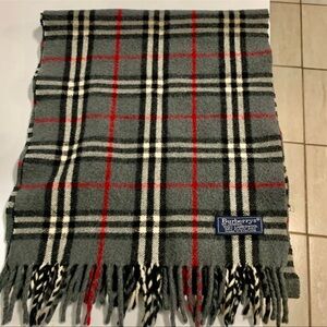 Burberry Gray Plaid Wool Scarf with Red and Black Accents
